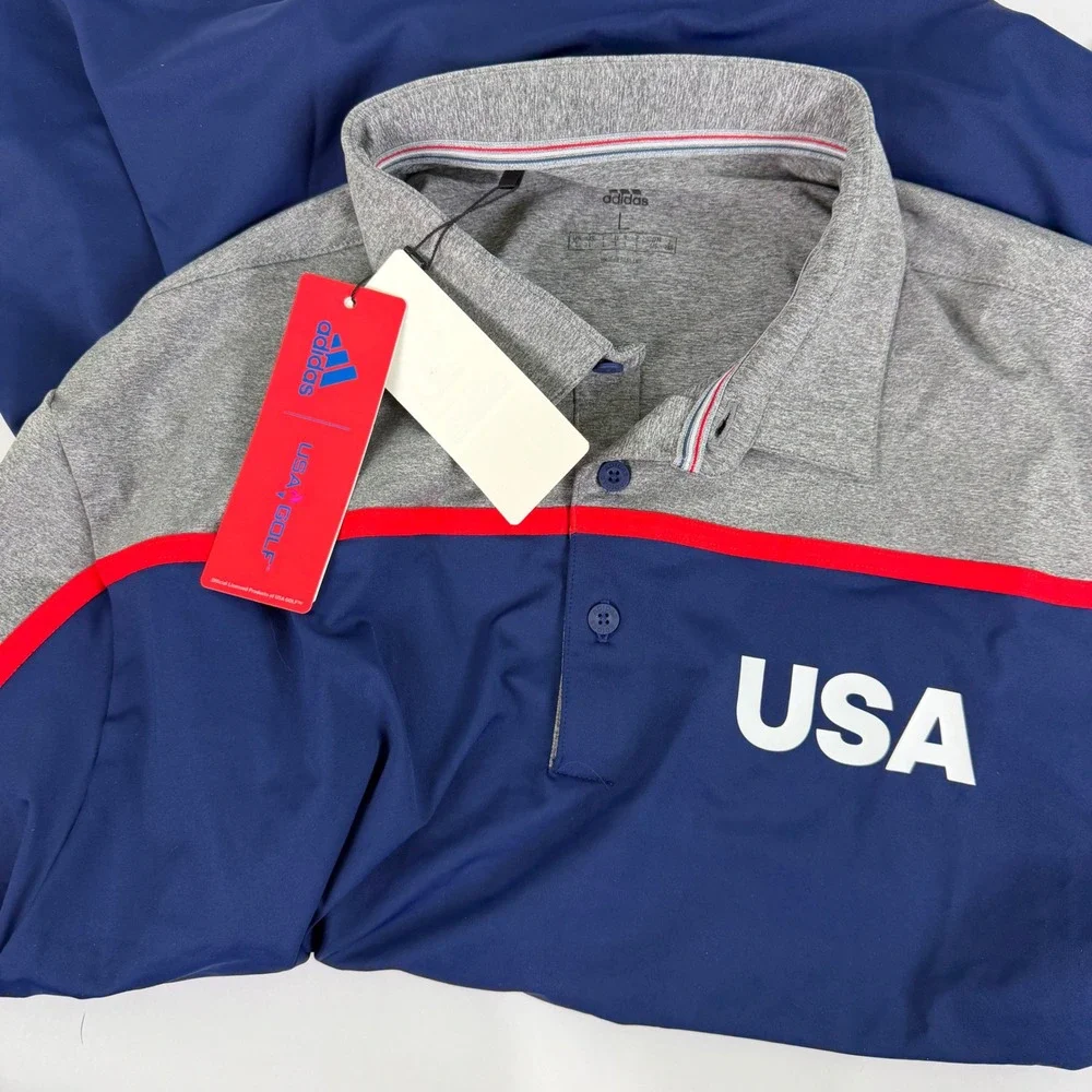 Adidas USA Golf Polo Mens Large Blue Grey Red FJ7884 UPF‎ 50 NWT